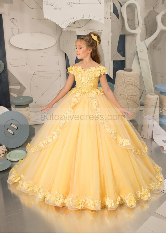 Off Shoulder Beaded Yellow 3D Lace Tulle Flower Girl Dress